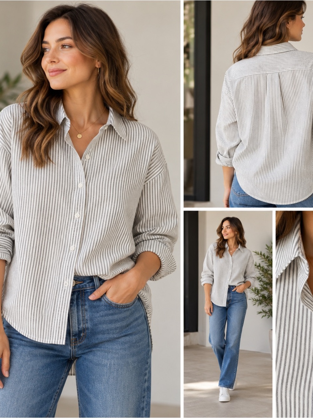 Everlane Women’s Size 6 White Gray Striped Button Down Shirt